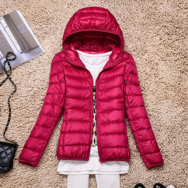 Lightweight Women’s Down Jacket - Hooded, Packable Travel Red - Tophatter Daily Deals