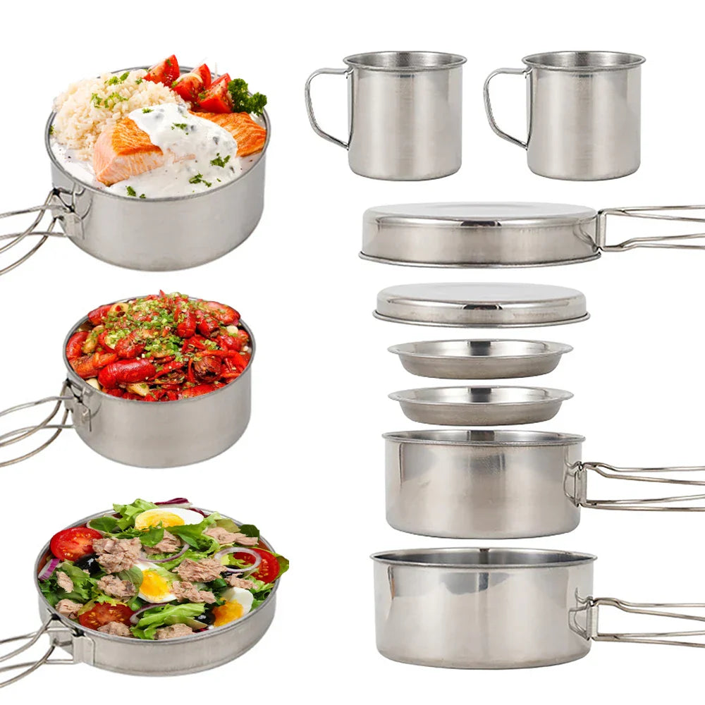 8-Piece Camping Cookware Mess Kit Silver Camp Cooking - Tophatter Daily Deals