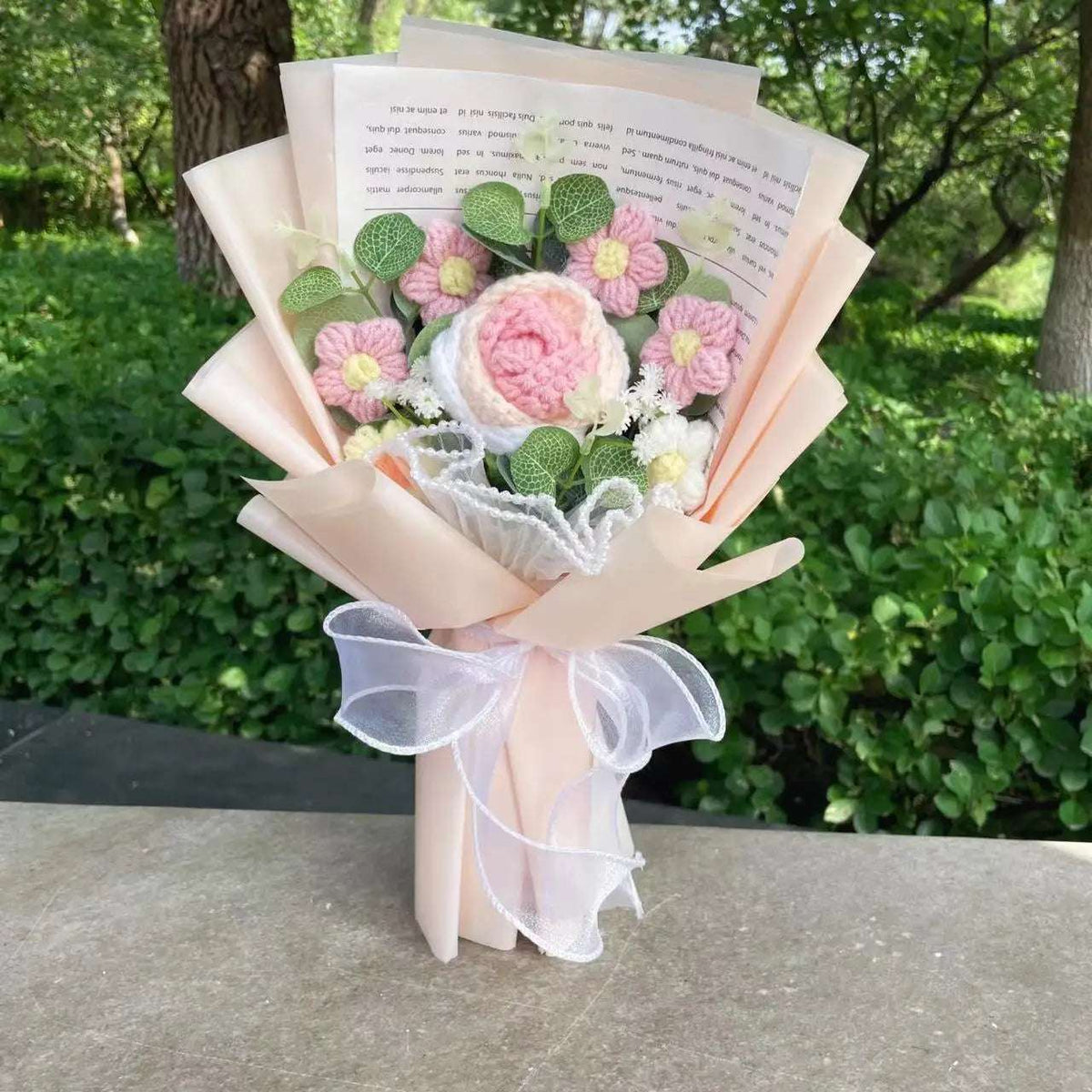 Crochet Knitted Plush Flowers Bouquet Pink x Cream Flowers - Tophatter Daily Deals