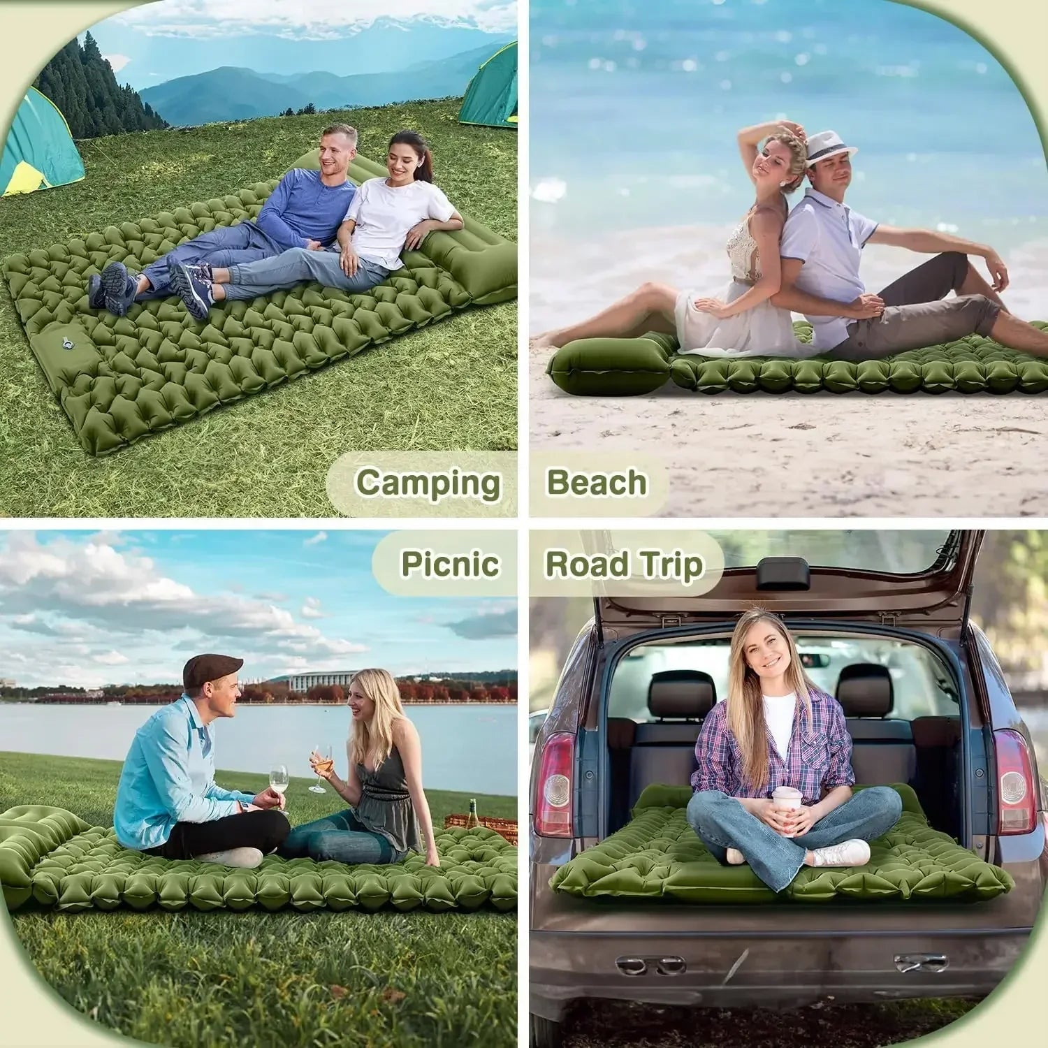 Double Self-Inflating Sleeping Pad Pillows Green Camping & Hiking - Tophatter Daily Deals