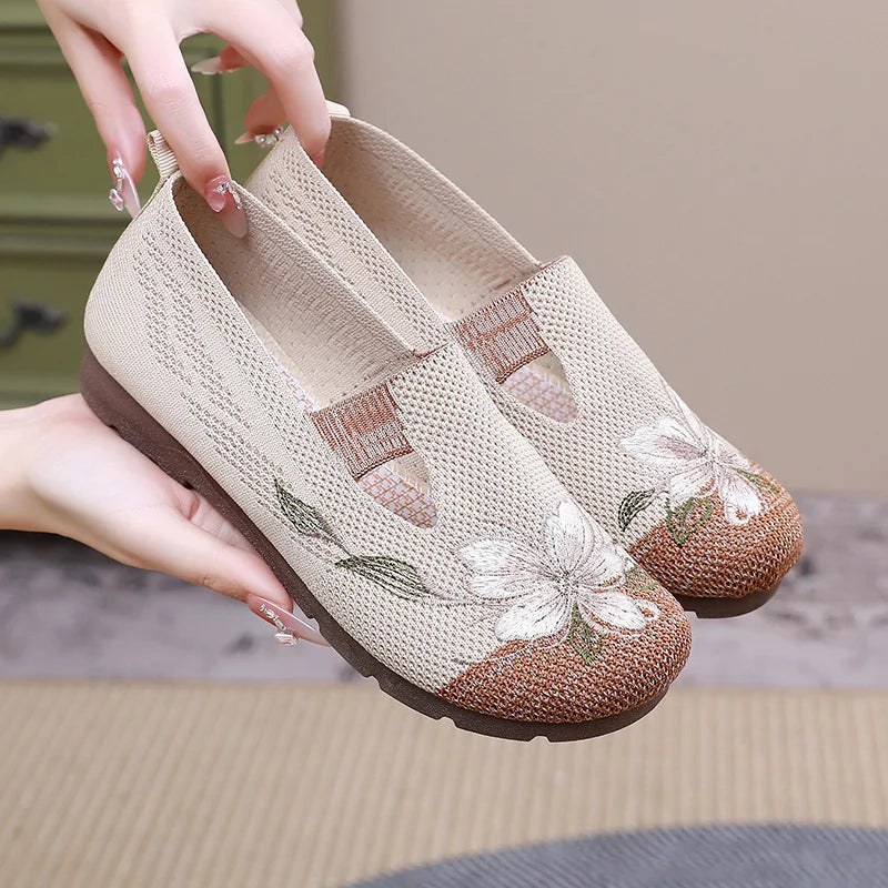Breathable Women’s Flats - Slip-On Mesh, Embroidered Coffeecolor - Tophatter Daily Deals