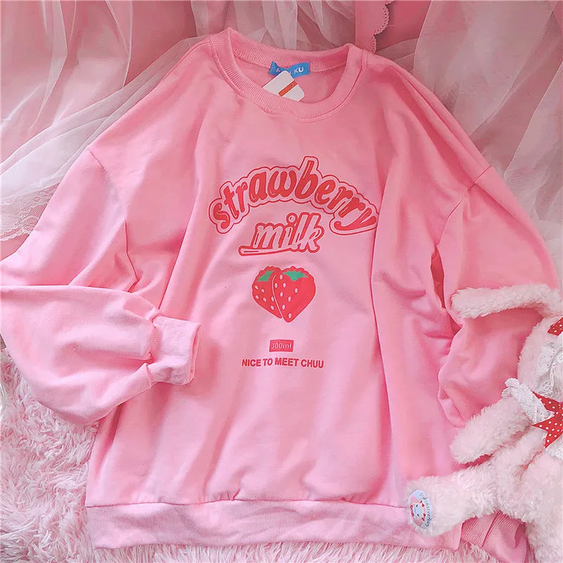 Harajuku Strawberry Milk Pink Sweatshirt Top Long-Sleeved Food - Tophatter Daily Deals