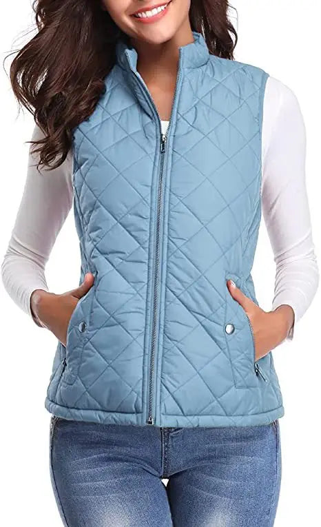 Lightweight Women Quilted Vest - Stand Collar Cotton Winter Light Blue - Tophatter Daily Deals
