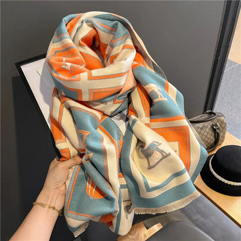 Warm Refined Womens Scarf - Oversized Cashmere For Winter Blue Orange - Tophatter Daily Deals