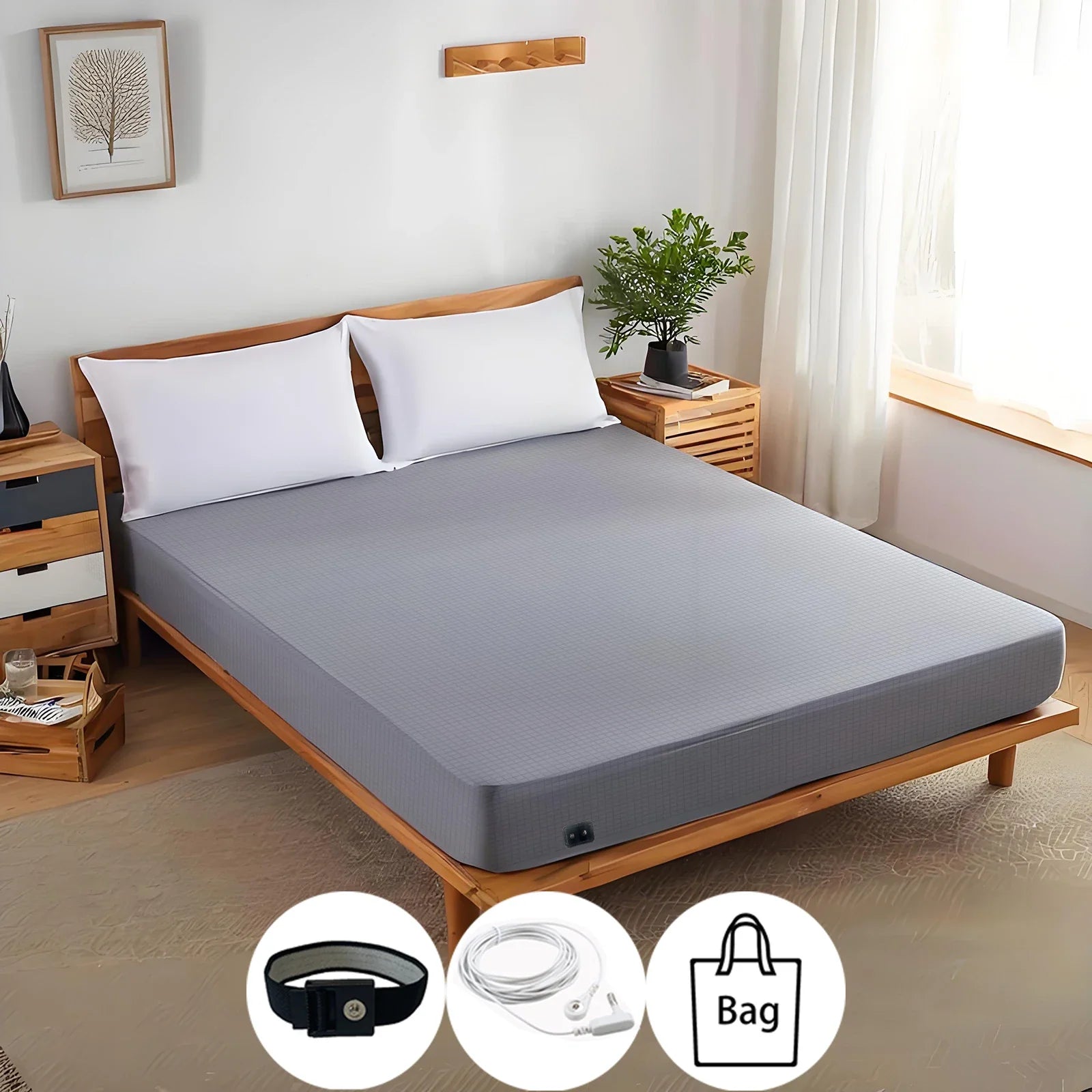 Earthing Fitted Sheet Ten Percent Silver Fiber Grounding Grey with AU plug - Tophatter Daily Deals