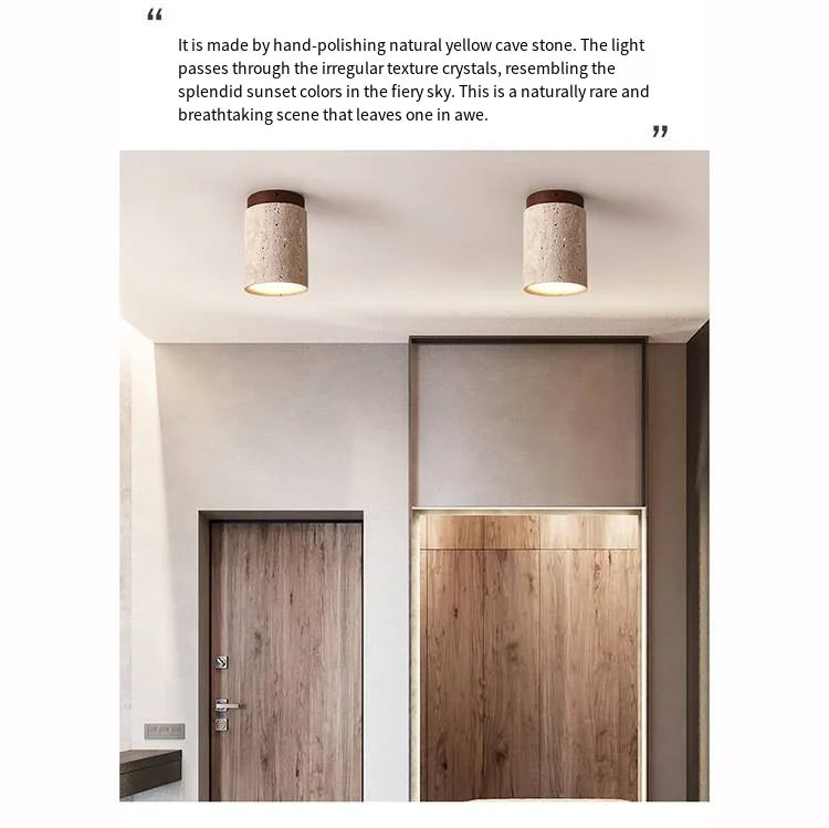 Japandi Travertine Ceiling Light Wood Cap Round Mid Century Lamp - Tophatter Daily Deals