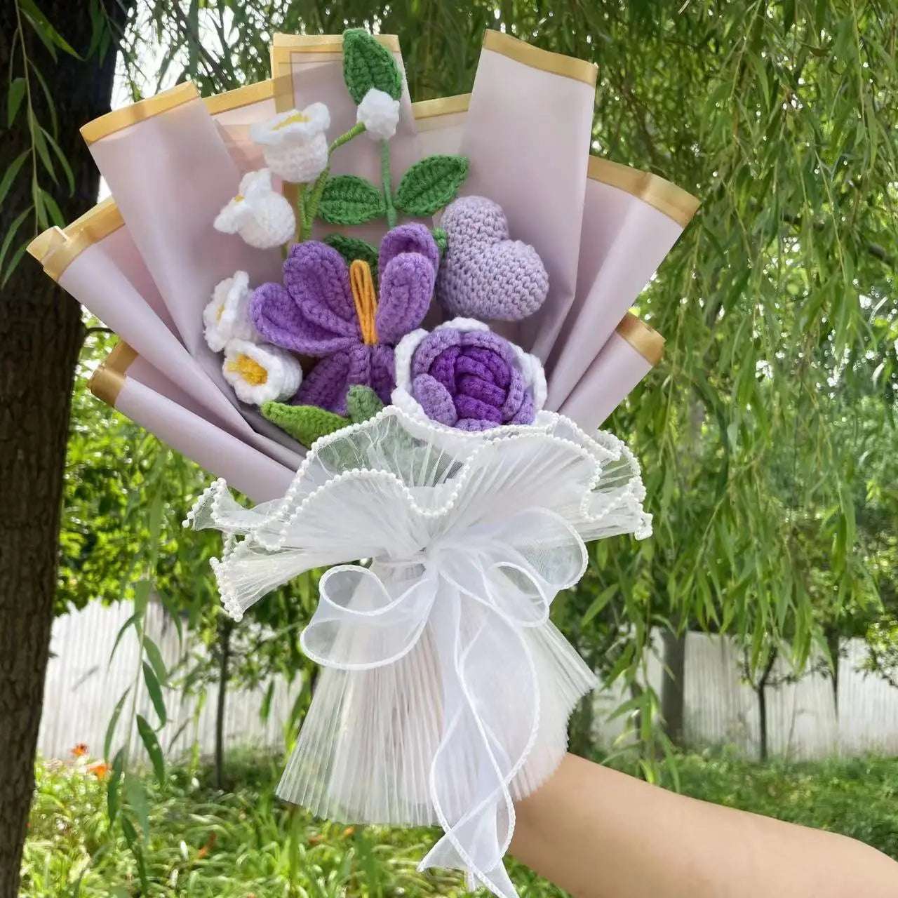 Crochet Knitted Plush Flowers Bouquet Purple x White Flowers - Tophatter Daily Deals