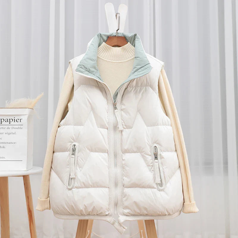 Lightweight Women’s Puffer Vest - Short Relaxed, Duck Down Beige - Tophatter Daily Deals
