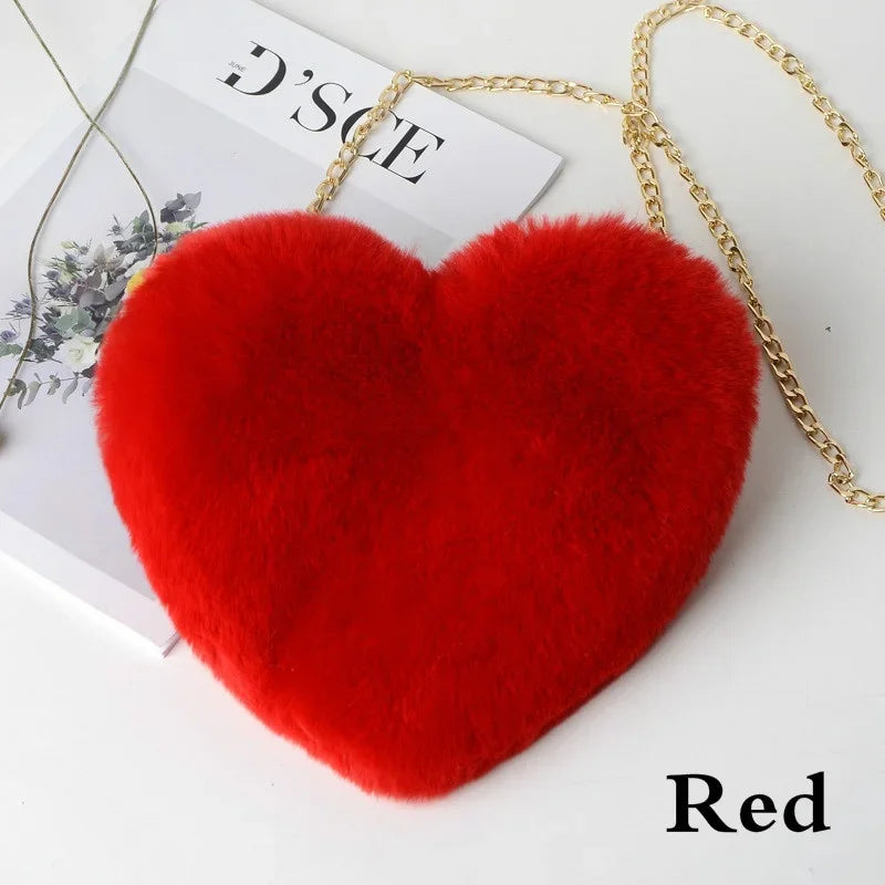 Faux Fur Heart Bag Furry With Gold Chain Handbag Crossbody Red Mythical - Tophatter Daily Deals
