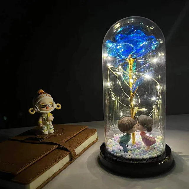 Beauty & The Beast Eternal Red Rose In Glass Dome with LED Lights Mid Blue Flowers - Tophatter Daily Deals