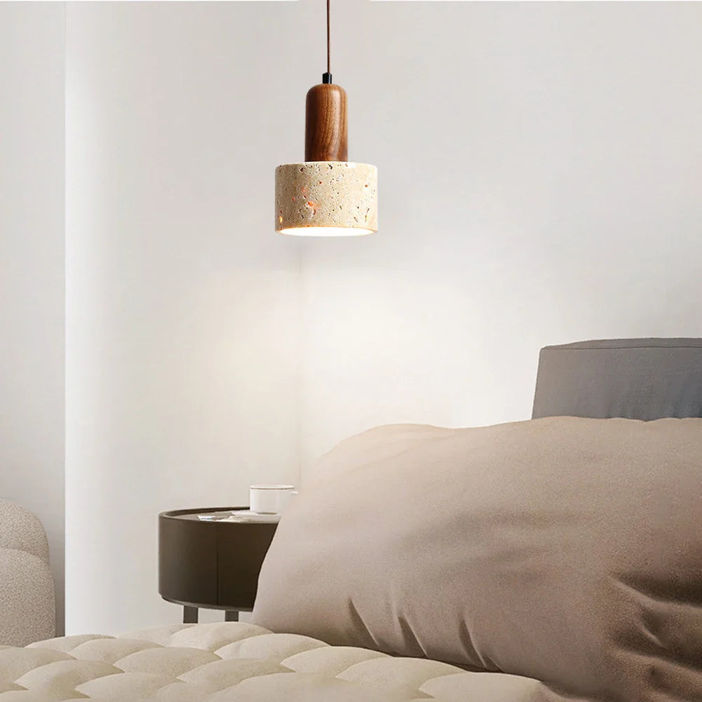 Japandi Japanese Pendant Light Wood And Travertine Bedside Lamp - Tophatter Daily Deals
