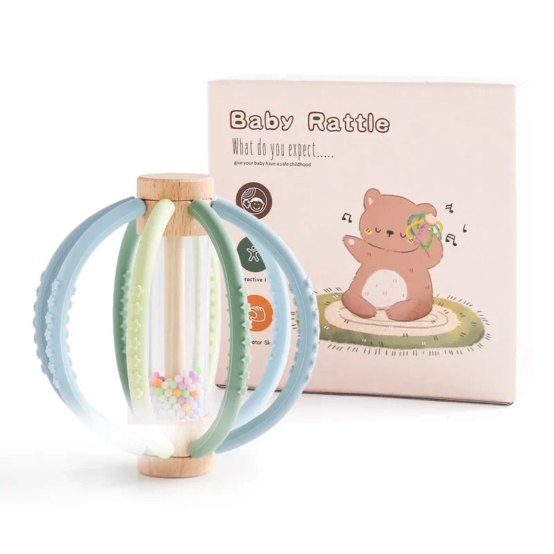 Baby Rattle Silicone Teether Wooden Newborn Sensory Toys 3 - Tophatter Daily Deals