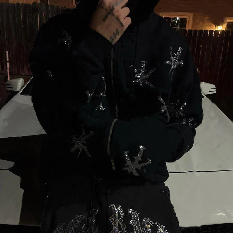 Oversized Men’s Zip Hoodie - Rhinestone Skeleton, Cotton - Tophatter Daily Deals