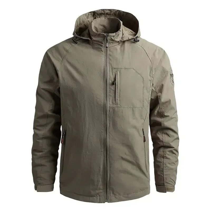 Waterproof Men Jacket- Hooded Windbreaker Polyester Camping Khaki - Tophatter Daily Deals