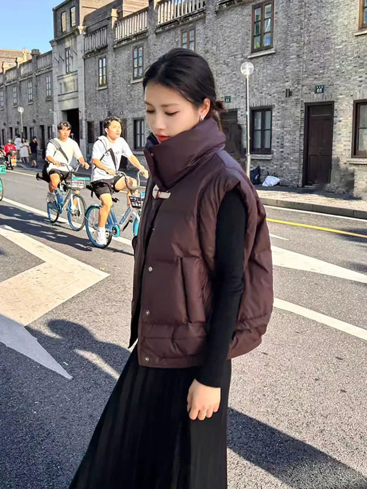 Warm Women’s Down Vest - Cropped Boxy, PU, Winter Layering - Tophatter Daily Deals