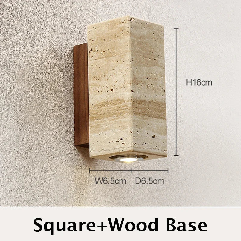 Japandi Yellow Marble LED Wall Sconce Wabi Sabi Bedside Light Square X Walnut Base - Tophatter Daily Deals