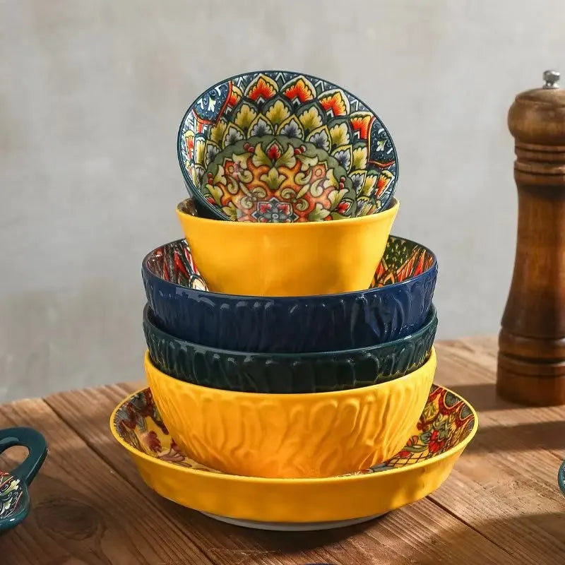 Bohemian Ceramic Bowls Set Floral Serving Bowls Versatile - Tophatter Daily Deals