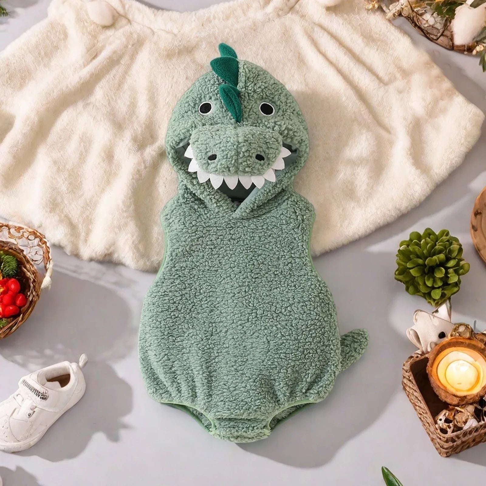 Baby Dinosaur Halloween Romper Plush Hooded Sleeveless - Tophatter Daily Deals