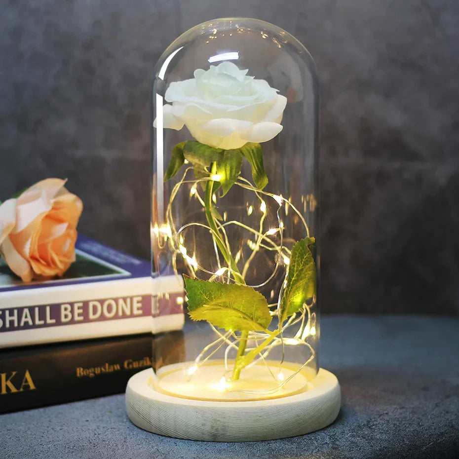 Beauty & The Beast Eternal Red Rose In Glass Dome with LED Lights Ivory Flowers - Tophatter Daily Deals