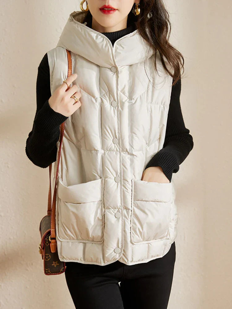 Lightweight Women Hooded Down Vest - Boxy, Down, Autumn - Tophatter Daily Deals