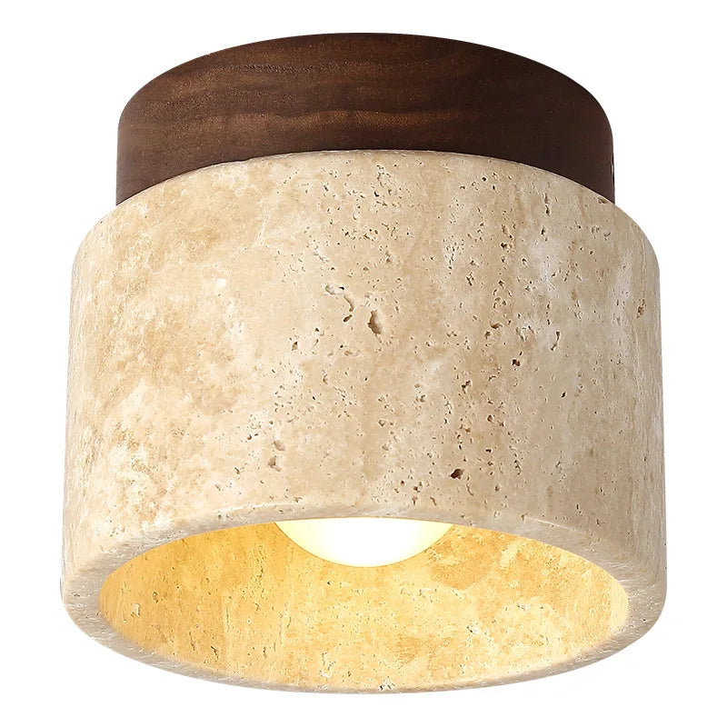 Japandi Travertine Ceiling Light Wood Cap Round Mid Century Lamp - Tophatter Daily Deals
