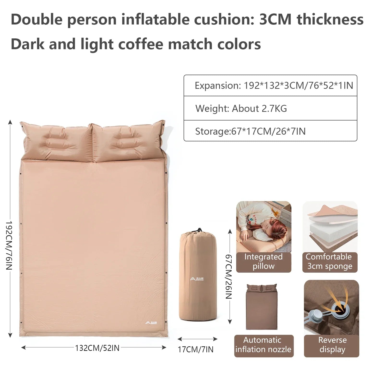 Self-Inflating Camping Sleeping Pad Air Mat Khaki Camping & Hiking - Tophatter Daily Deals