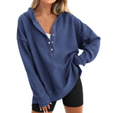 Oversized Women Pullover Hoodie - Snap V-Neck, Ribbed Blue - Tophatter Daily Deals