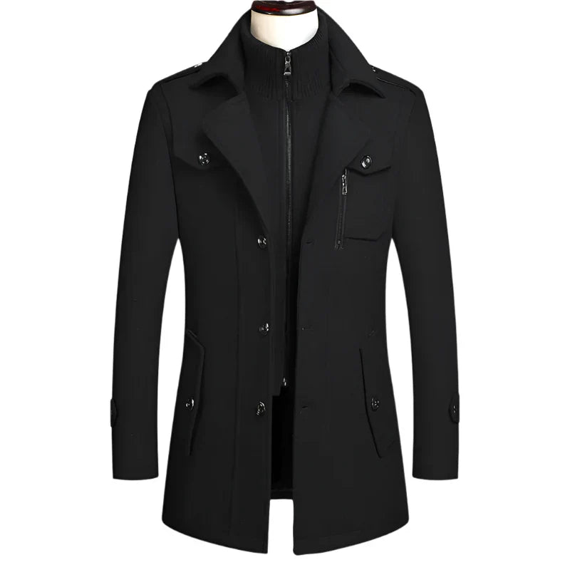 Men's Double Collar Wool Business Coat Winter (Black) Apparel & Accessories > Clothing > Outerwear > Coats & Jackets > Overcoats - Tophatter Daily Deals