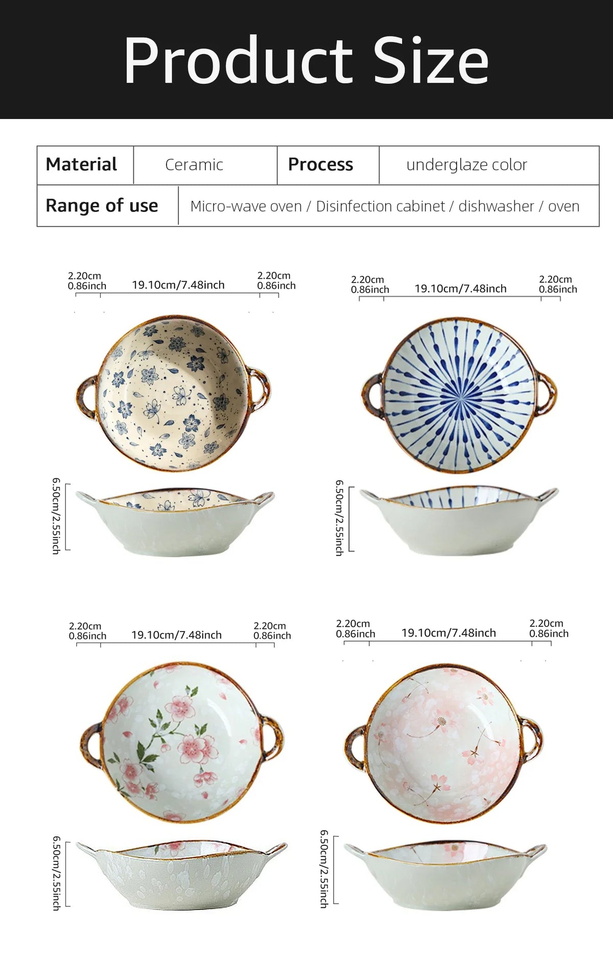 Ceramic 7.5 Inch Noodle Bowl With Handles Floral Porcelain - Tophatter Daily Deals