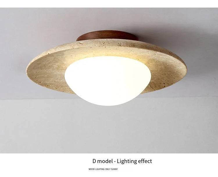 Japandi Travertine Ceiling Light Wood Cap Round Mid Century Lamp - Tophatter Daily Deals