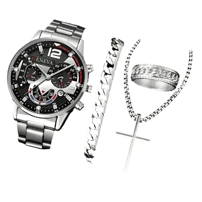 4PCS Men's Stainless Steel Quartz Watch Set (W118-C) Apparel & Accessories > Jewelry > Watches - Tophatter Daily Deals