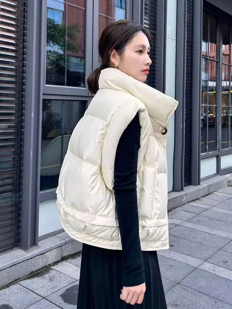 Warm Women’s Down Vest - Cropped Boxy, PU, Winter Layering - Tophatter Daily Deals