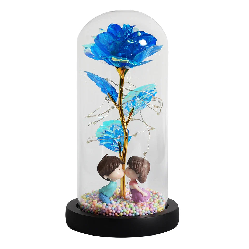 Beauty & The Beast Eternal Red Rose In Glass Dome with LED Lights Light Blue Flowers - Tophatter Daily Deals