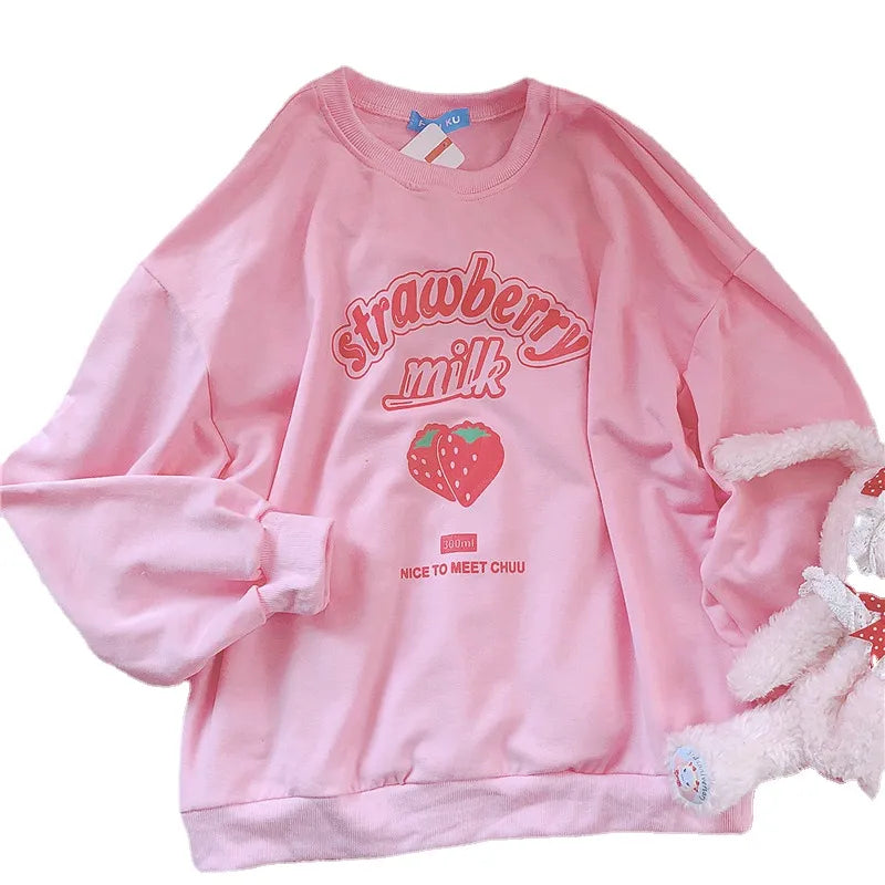 Harajuku Strawberry Milk Pink Sweatshirt Top Long-Sleeved Food - Tophatter Daily Deals