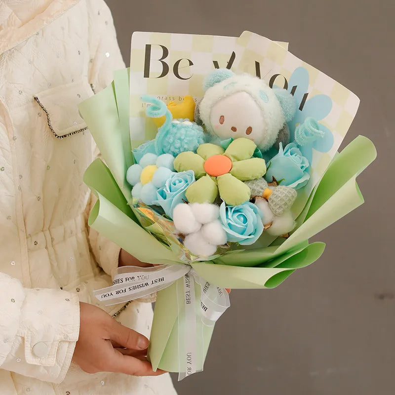 Sanrio Kuromi Cinnamoroll PomPom Purin Plush Bouquet Green Flowers - Tophatter Daily Deals