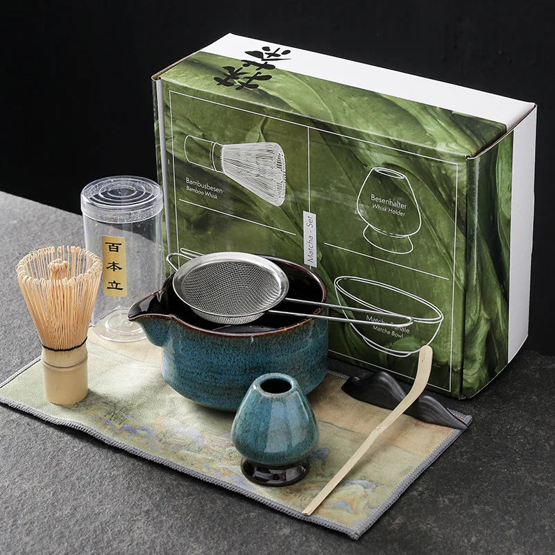 Matcha Tea Set Handmade Pottery Bowl Bamboo Whisk Kit 7pcs blue gift box - Tophatter Daily Deals