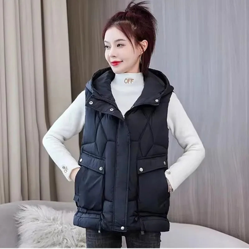 Warm Cozy Women Puffer Vest - Hooded Midlength, Winter - Tophatter Daily Deals