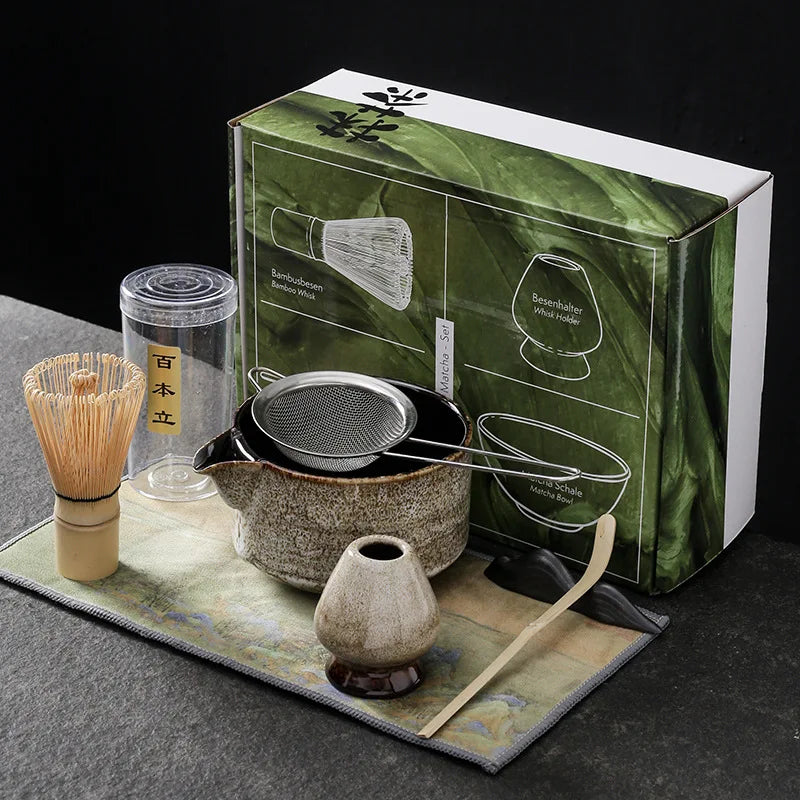 Matcha Tea Set Handmade Pottery Bowl Bamboo Whisk Kit 7pcs white gift box - Tophatter Daily Deals