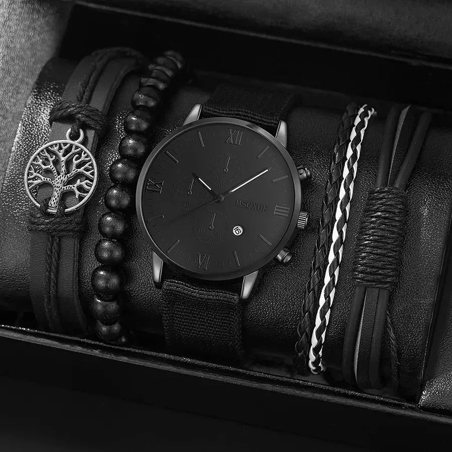 4pcs Men's Quartz Watch Set with Bracelets (Black) Apparel & Accessories > Jewelry > Watches - Tophatter Daily Deals