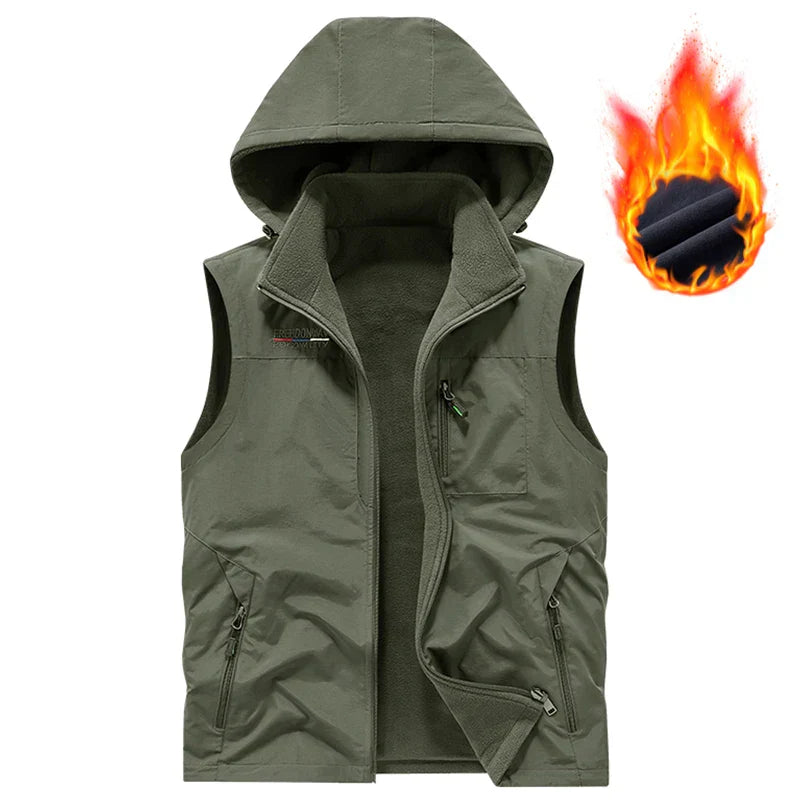 Warm Versatile Men Hooded Vest - Fleece Lined, Nylon, Outdoor Army Green - Tophatter Daily Deals
