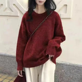 Cozy Oversized Women’s Pullover Sweater - Round Neck Knit Red One Size - Tophatter Daily Deals