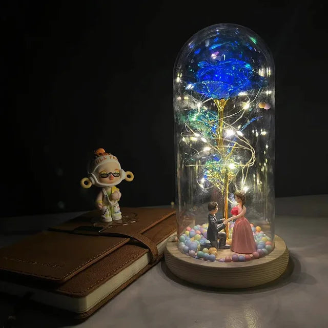 Beauty & The Beast Eternal Red Rose In Glass Dome with LED Lights Blue Flowers - Tophatter Daily Deals