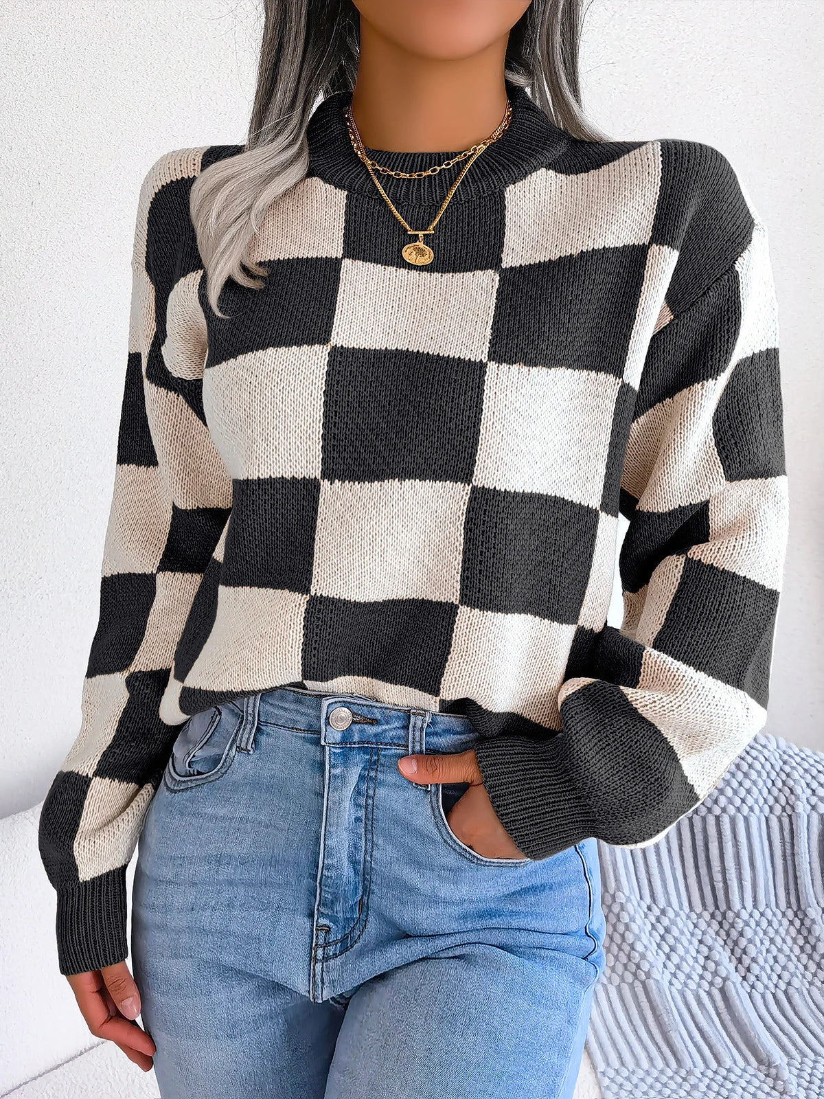 Oversized Cozy Women's Knit Sweater - Checkered, Soft Black - Tophatter Daily Deals