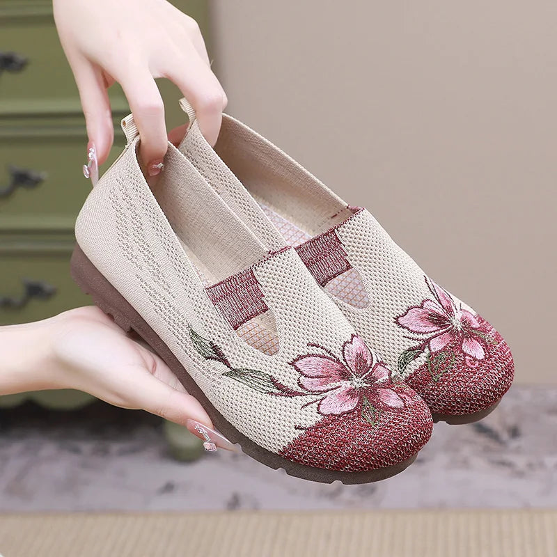 Breathable Women’s Flats - Slip-On Mesh, Embroidered Red - Tophatter Daily Deals