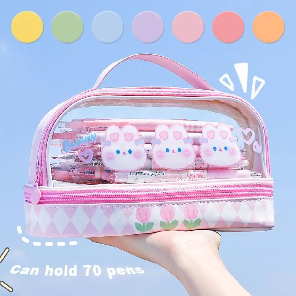 Kawaii Double Layer Pencil Case Large Transparent Stationery Animals - Tophatter Daily Deals