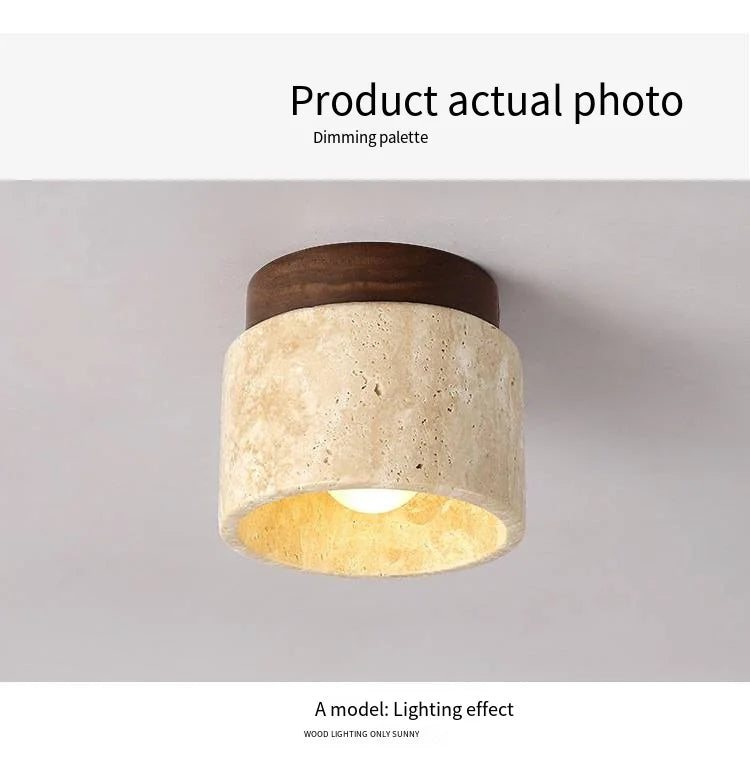 Japandi Travertine Ceiling Light Wood Cap Round Mid Century Lamp - Tophatter Daily Deals