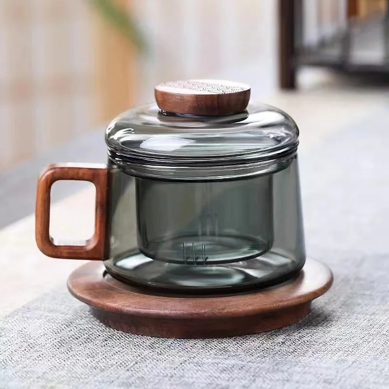 200ml Tea Infuser Cup Heat Resistant Glass Mug Wood Handle Smoky Gray Coaster - Tophatter Daily Deals