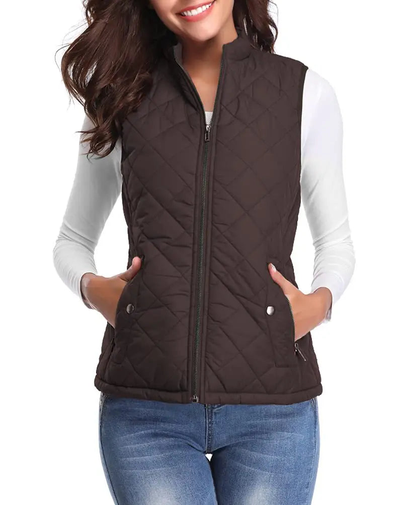 Lightweight Women Quilted Vest - Stand Collar Cotton Winter Brown - Tophatter Daily Deals