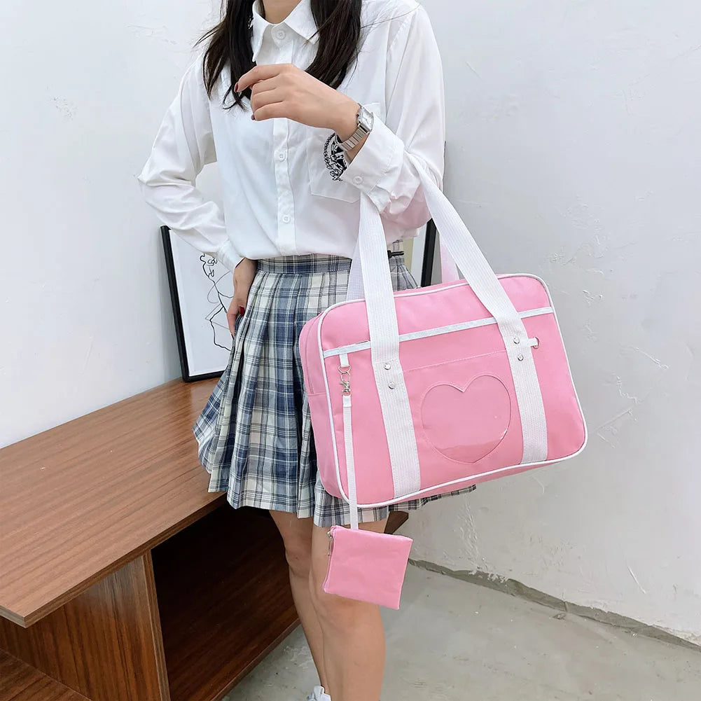 Heart PU Leather Laptop Bag Pastel Handbag Top Handle Japanese Style School Bag - Tophatter Daily Deals