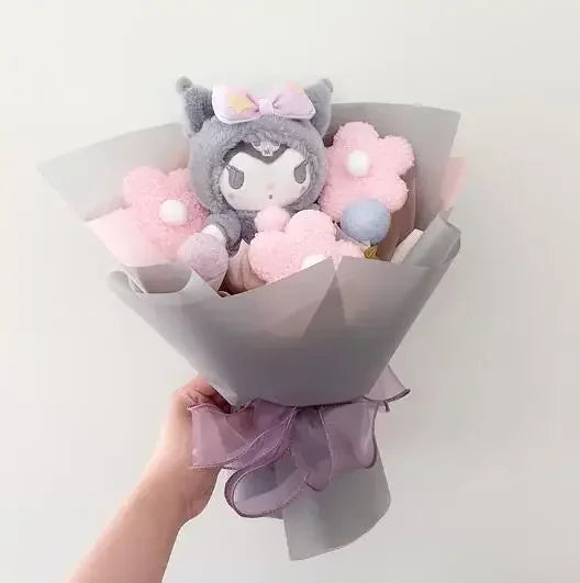 Sanrio Plush Bouquet My Melody Kuromi Cinnamoroll Hello Kitty Grey x Lavender Flowers - Tophatter Daily Deals
